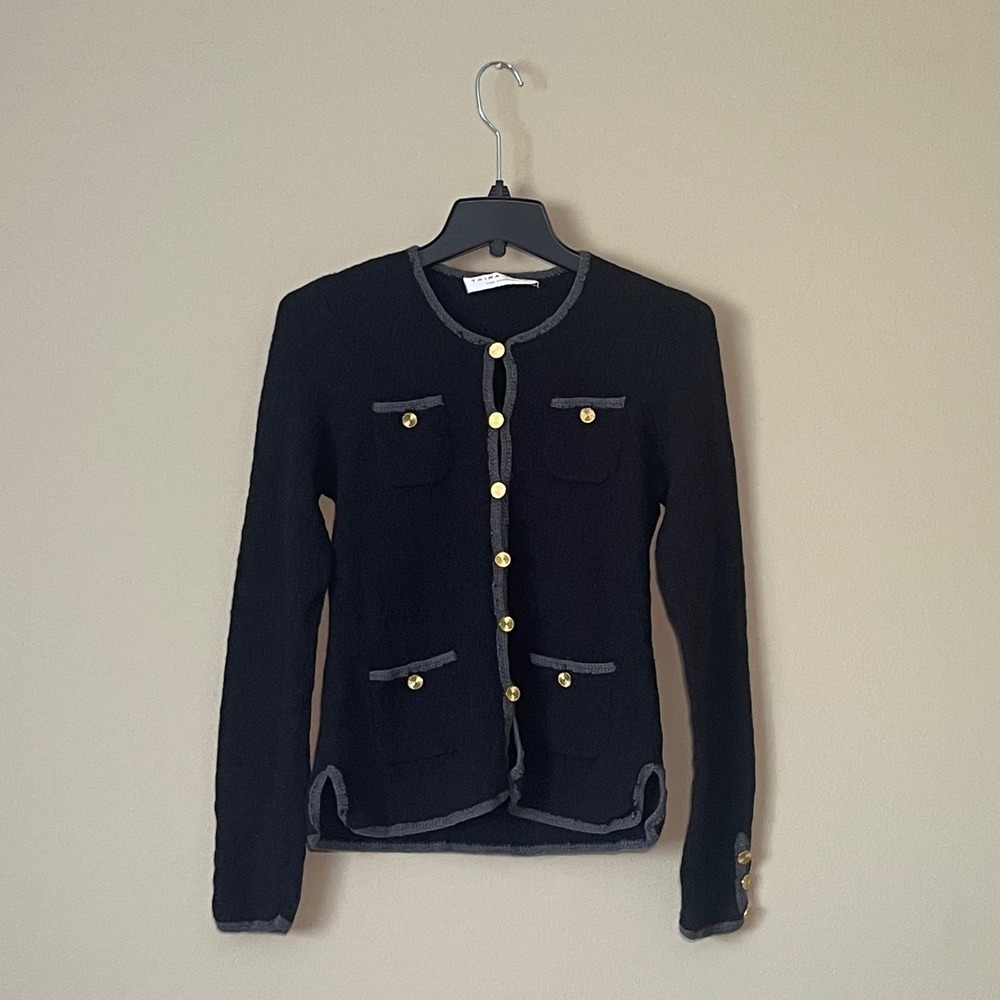 TRINA TURK Black Knit 100%‎ Wool Cardigan Blazer Gold Button Pockets Size S
